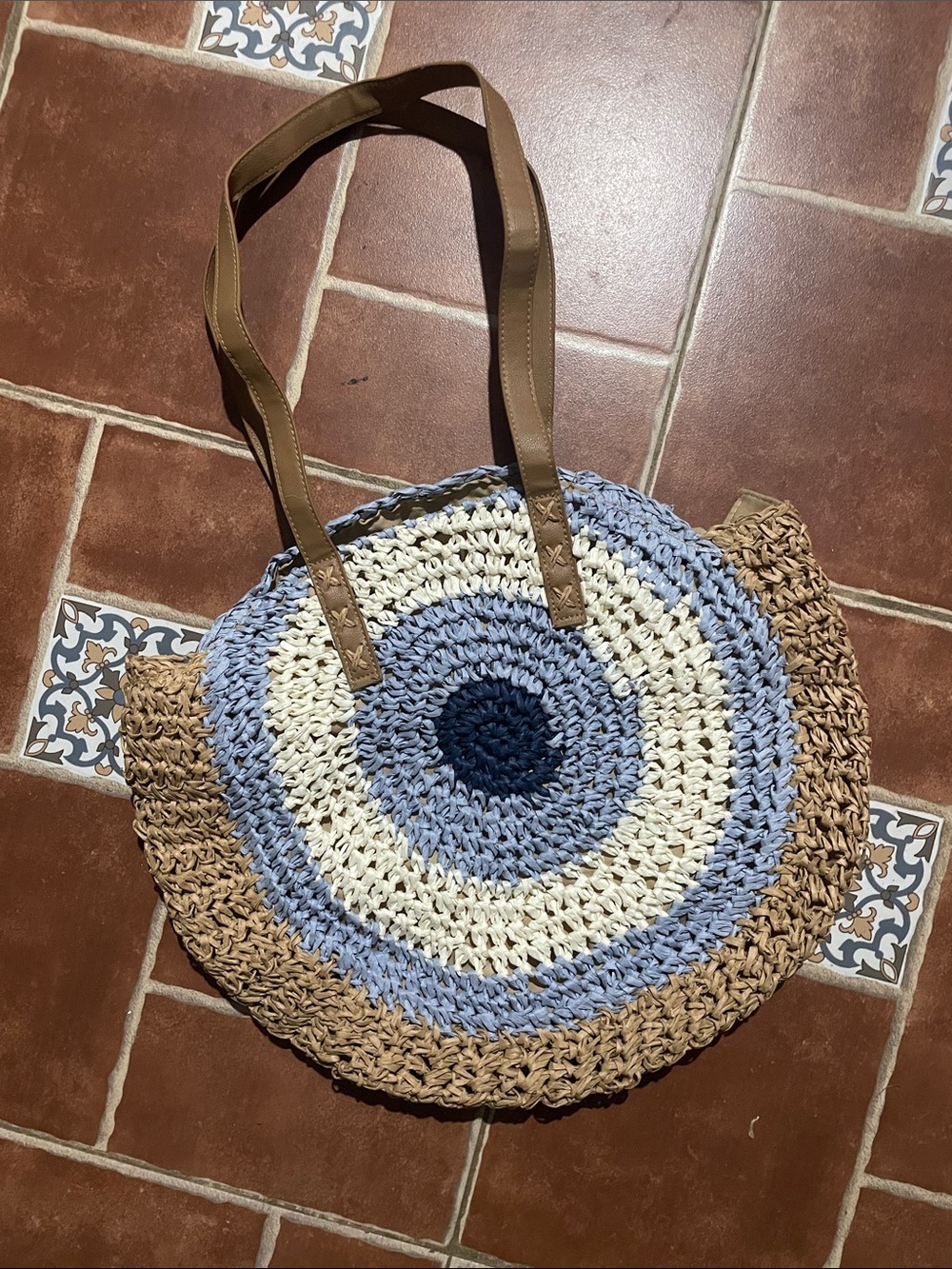 Round Crochet Straw Tote in Blue, Cream & Tan